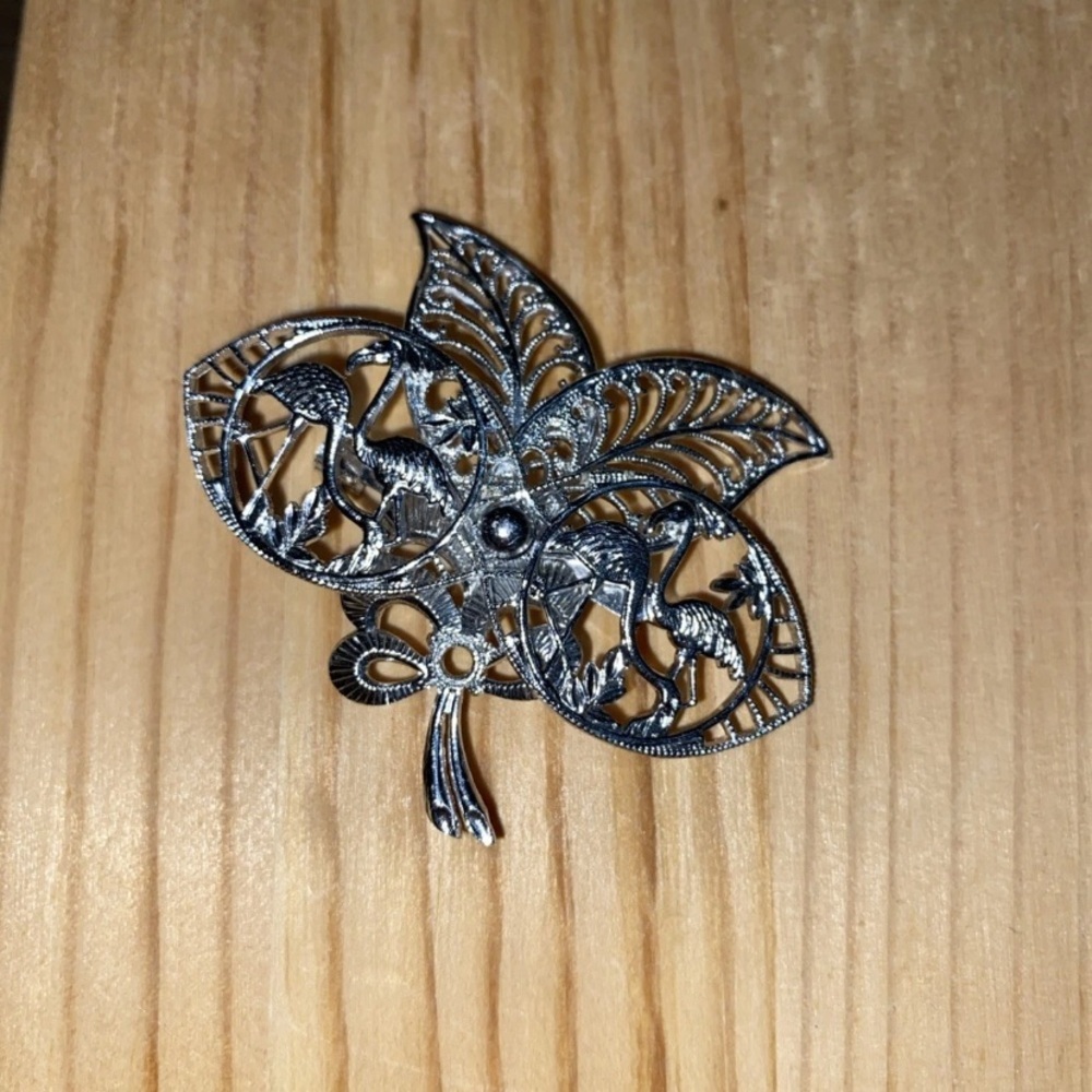 Vintage Eloxal aluminum brooch with flamingos and palm trees Made In Germany